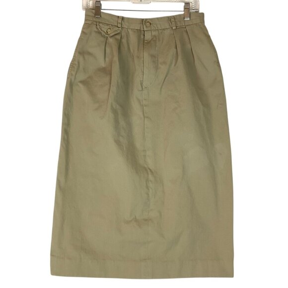 Vintage Ralph Lauren Khaki Cotton Midi Skirt Size 12 Pockets Pleated Front - Picture 1 of 7